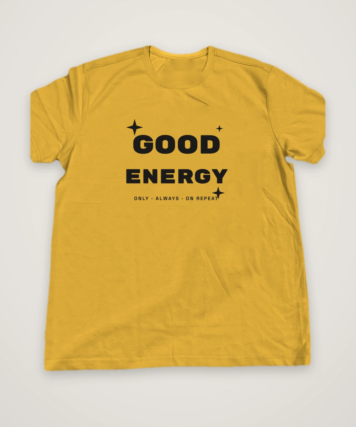 Good Energy T-shirt design idea, mustard, mock-up
