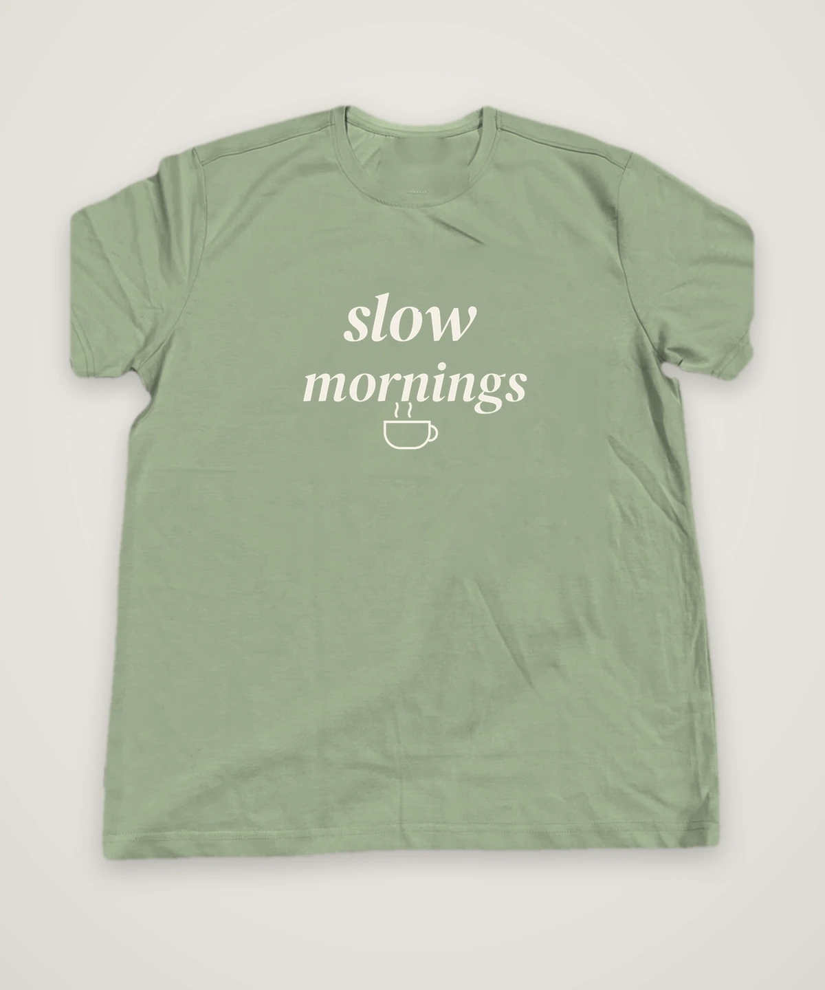 Slow Mornings T-shirt design idea, sage green, mock-up