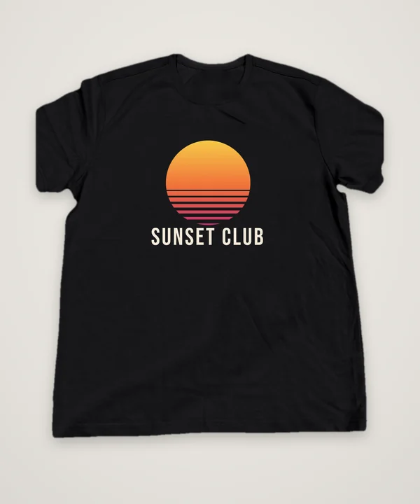 Sunset Club T-shirt design idea, black, mock-up